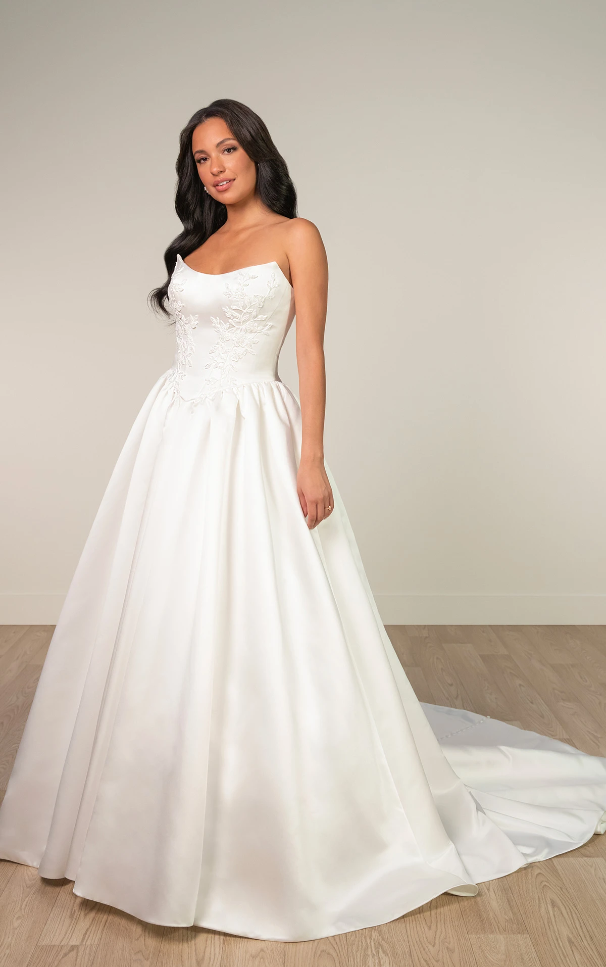sy8239 Strapless Grand Satin Ballgown Wedding Dress with Cat-Eye Neckline and Sculpted Pleats by Stella York