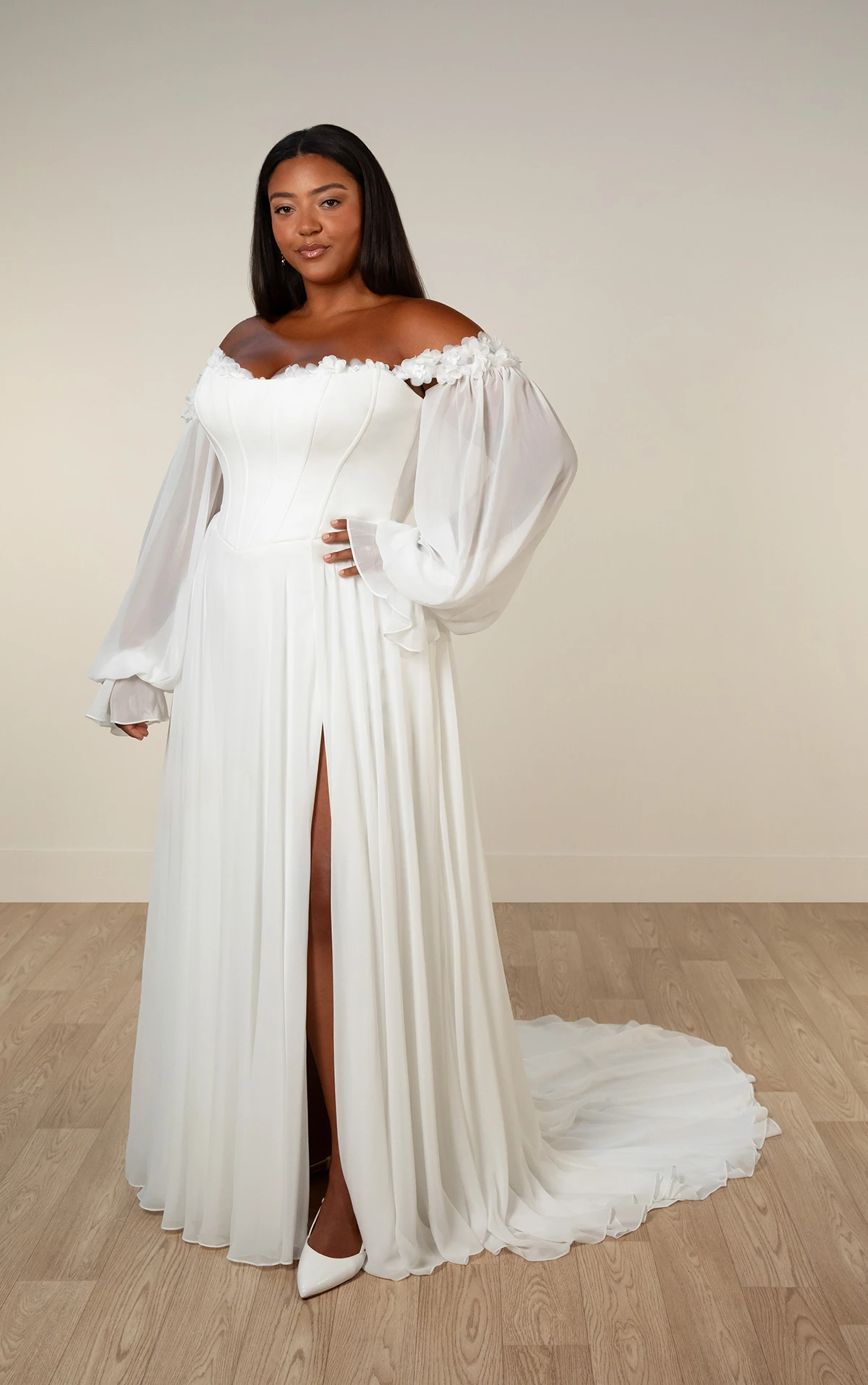 sy8244+ A-Line Plus Size Wedding Dress with 3D Floral Appliqués by Stella York