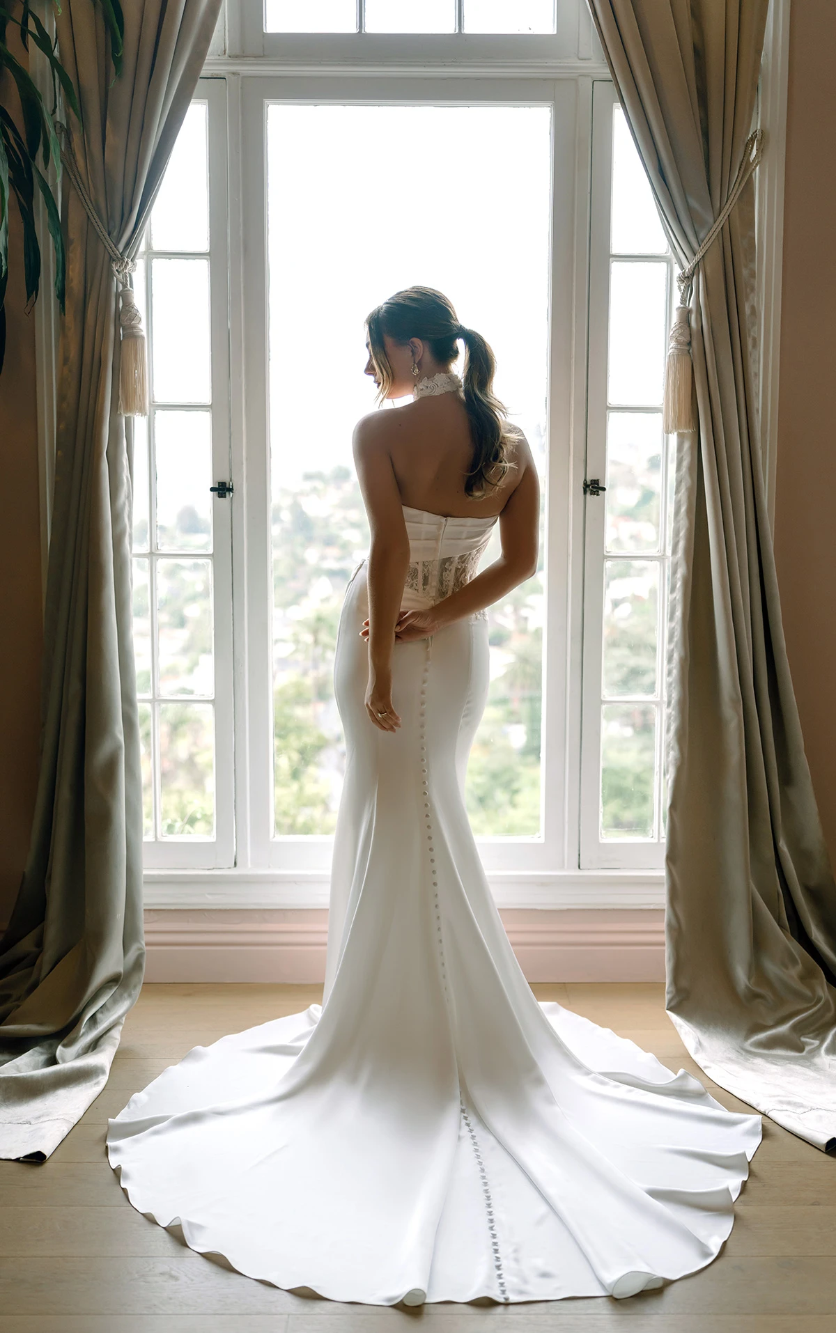 sy8248 Strapless Satin Column Wedding Dress with Asymmetrical Peekaboo Lace Corset by Stella York