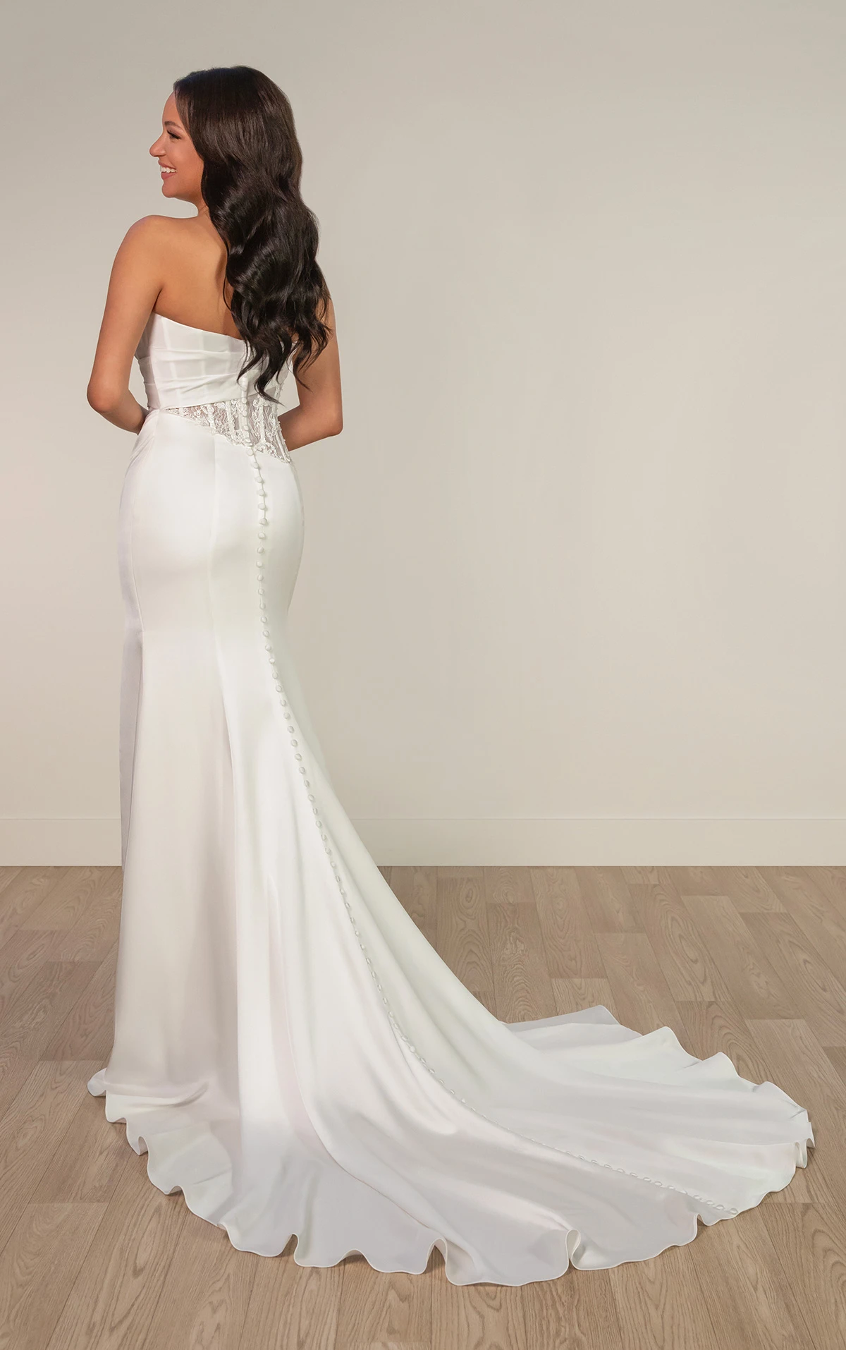 sy8248 Strapless Satin Column Wedding Dress with Asymmetrical Peekaboo Lace Corset by Stella York
