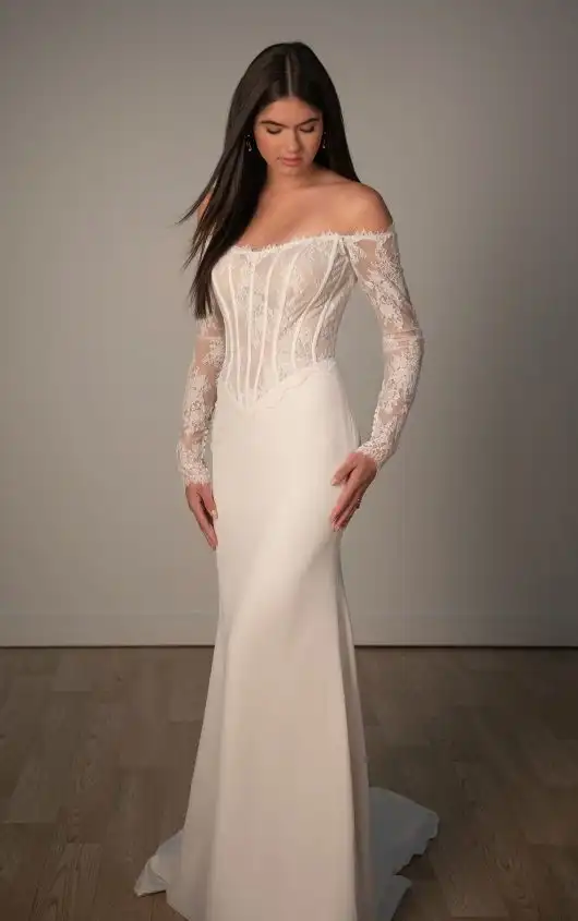 Strapless Lace Column Wedding Dress with Sheer Lace Off-the-Shoulder Sleeves, SY8256, by Stella York